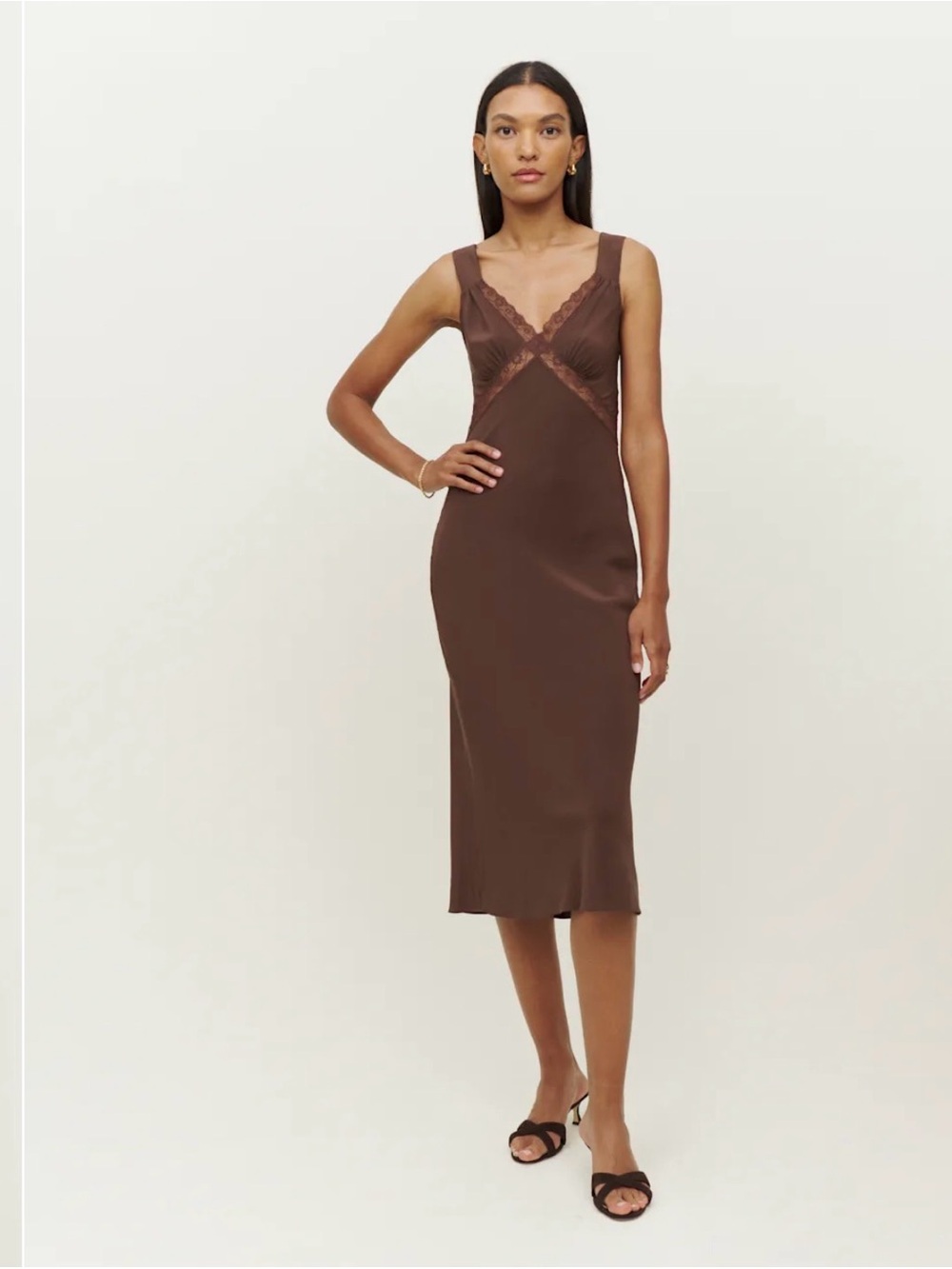 Reformation Brown Lace-Trim Midi Slip Dress